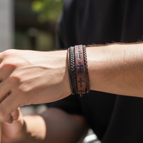 3/$35 Men's Brown Leather Cross Bracelet Magnetic Clasp - Picture 4 of 6